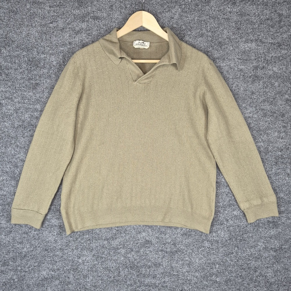 Hermès Men's Cashmere Polo Collar V-Neck Sweater Gray XXL‎ Fits M/L Italy Luxury